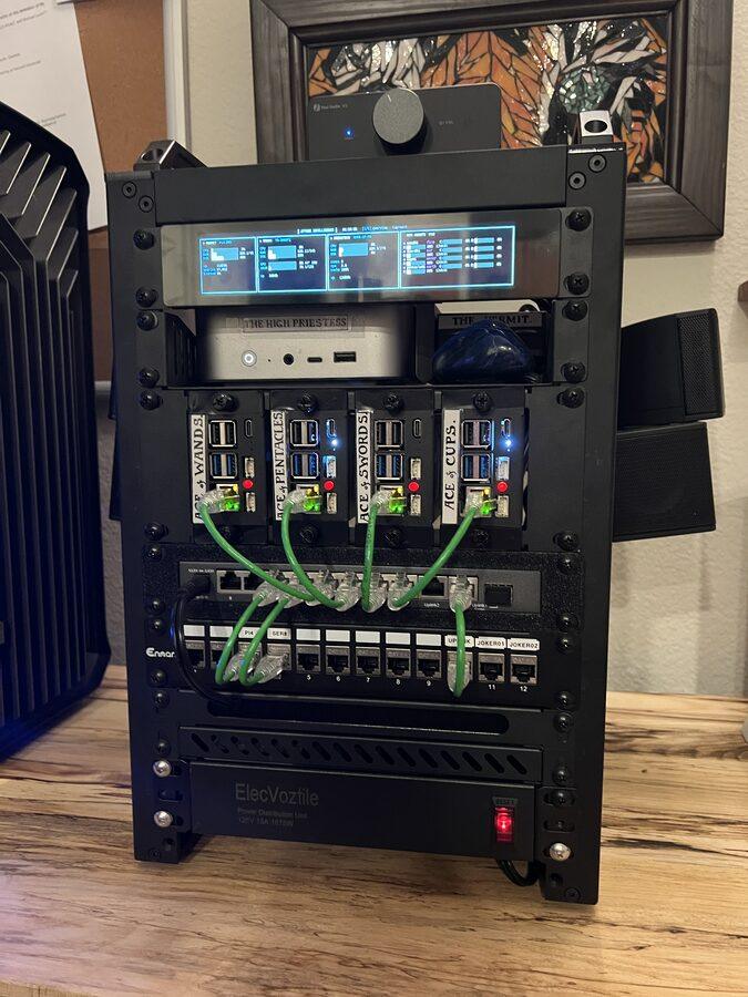 The rack front: a monitoring screen on top, the High Priestess mini PC and the Hermit Pi below it, then the four labeled agent nodes wired with green cables into a switch.